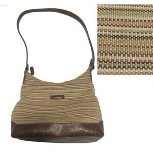 Simply Basic purse woven brown autumnal striped fabric eyelet vegan leather 90s
